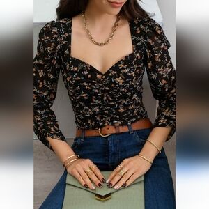 Mine Women's Black Floral Sweetheart 3/4 Sleeve  Square Neck Blouse Medium